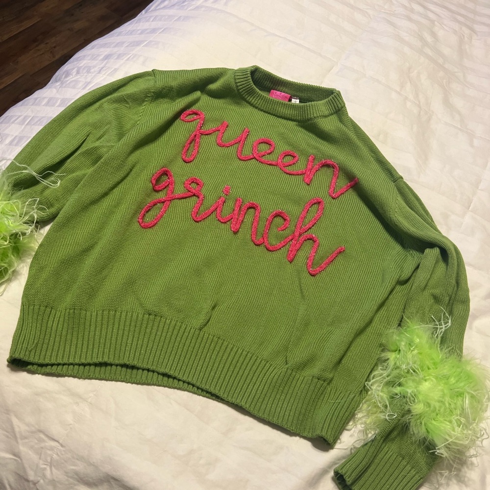 Green Sweater with Pink 'Queen Grinch' Design